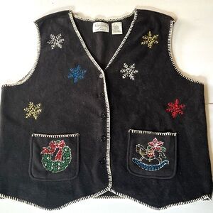 Vintage Basic Editions Christmas Holiday Black Sweater Fleece Vest Size 1X